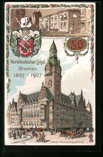 Lithographie Bremen, Verwaltungsgebäude des Norddeutscher Lloyd, Festpostkarte zum 50jährigen Bestehen 1907