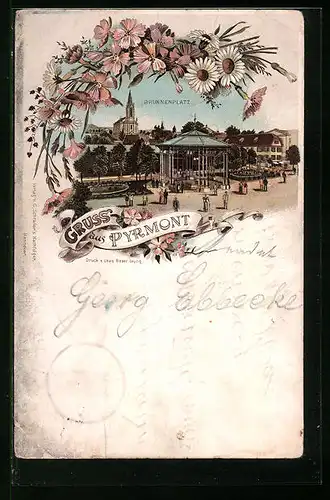 Lithographie Bad Pyrmont, Kurgäste auf dem Brunnenplatz, von Blumen gerahmt