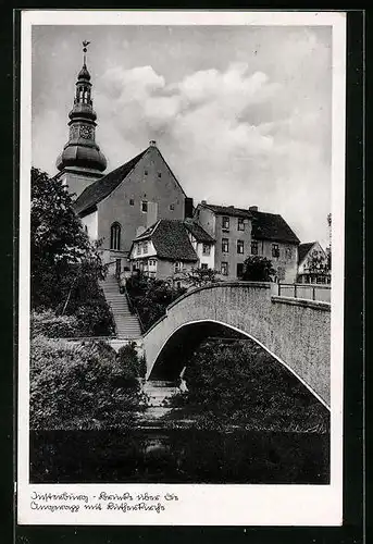 AK Insterburg, Brücke über die Angerapp mit Lutherkirche