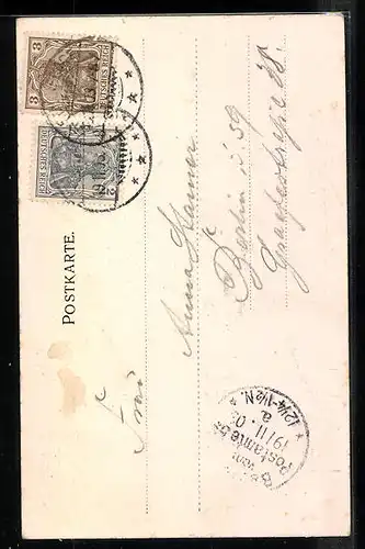 AK Klein Machnow, Kirche halb hinter Bäumen verborgen