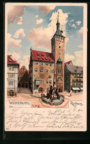 Lithographie Würzburg, Darstellung vom Rathaus
