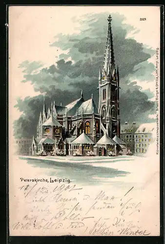 Winter-Lithographie Leipzig, Peterskirche in mondheller Winternacht