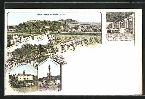 Lithographie Kysperk, Zámek, Socha a Marie na námesti