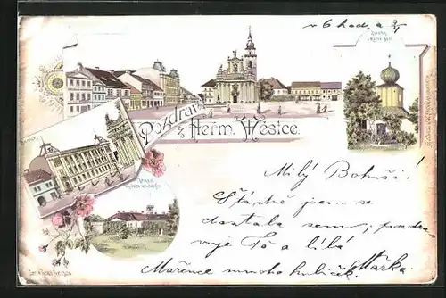 Lithographie Herm. Mestec, Skola, Zvonice u Matky Bozi