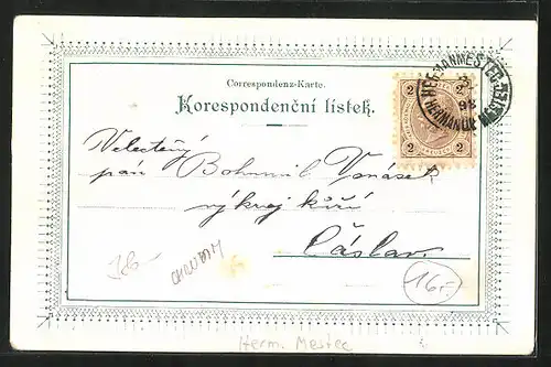 Lithographie Herm. Mestec, Skola, Zvonice u Matky Bozi