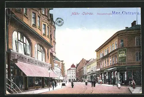 AK Mähr.-Ostrau, Hauptstrasse mit Hotel und Geschäften