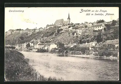AK Znaim /Znojmo, Blick auf den Carolinenberg von der Thaya