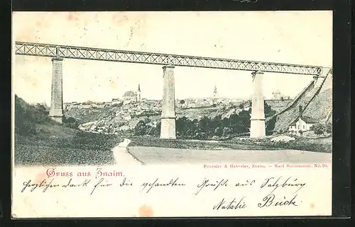 AK Znaim /Znojmo, Eisenbahnbrücke mit Ortschaft im Hintergurnd