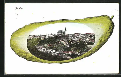 AK Znaim /Znojmo, Ansicht der Stadt auf einer Gurke