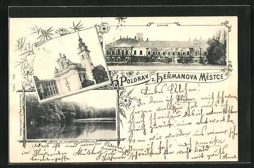 AK Herm. Mestec, Zamek, Partie ze zameckeho parku, Kostel