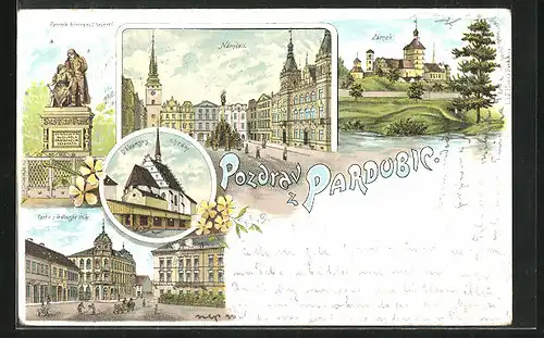 Lithographie Pardubice, Dekansky chram, Zamek, Namesti