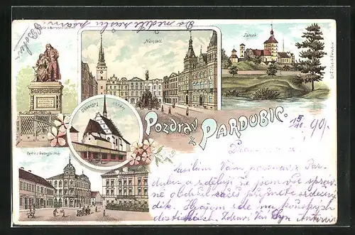 Lithographie Pardubice, Namesti, Dekansky chram, Zamek