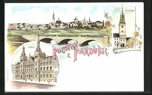 Lithographie Pardubice, Panorama, Zelena brana, Radnice