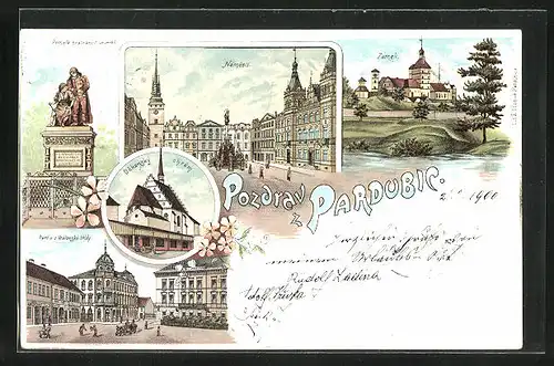 Lithographie Pardubice, Dekansky chram, Namesti, Zamek