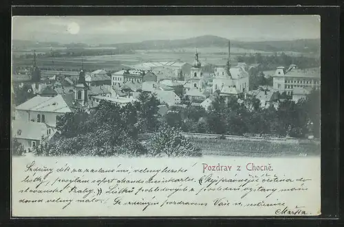 Mondschein-AK Chotzen / Chocen, Teilansicht der Stadt