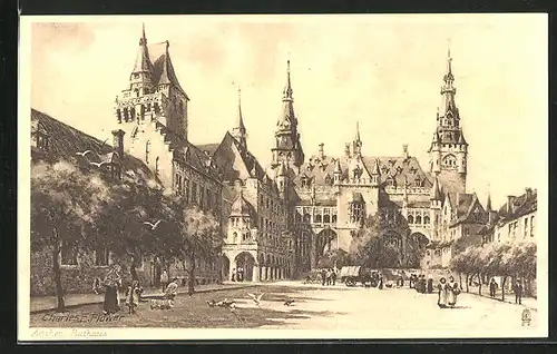 Künstler-AK Charles F. Flower: Aachen, Rathaus mit Passanten