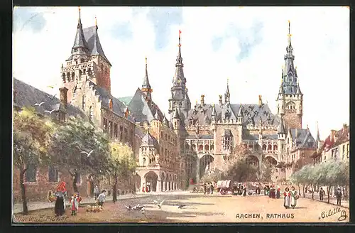 Künstler-AK Charles F. Flower: Aachen, Rathaus mit Passanten