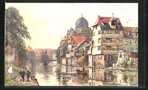 Künstler-AK Charles F. Flower: Nürnberg, Pegnitzpartie mit Synagoge und Insel Schütt