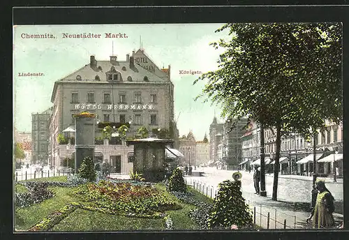 AK Chemnitz, Neustädter Markt, Lindenstrasse u. Königstrasse mit Hotel