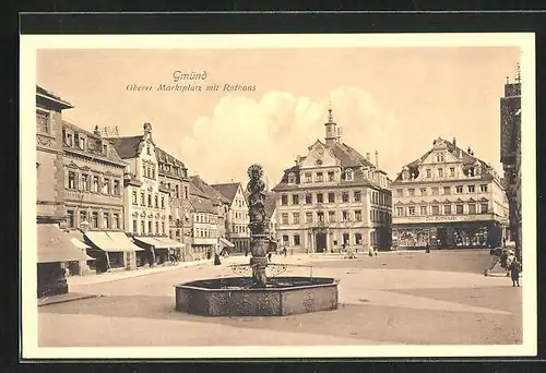 AK Gmünd, Oberer Marktplatz mit Geschäften, Rathaus und Brunnen