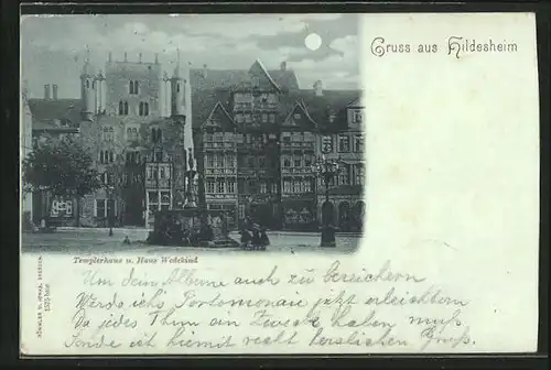 Mondschein-AK Stempelspur Hildesheim, Templerhaus und Haus Wedekind mit Brunnen