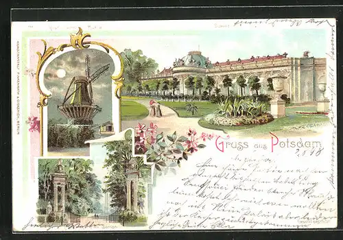 Lithographie Potsdam, Historische Mühle bei Mondschein, Sanssouci, Parkeingang