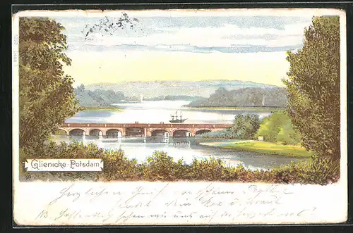 Lithographie Glienicke-Potsdam, Brücke mit Boot