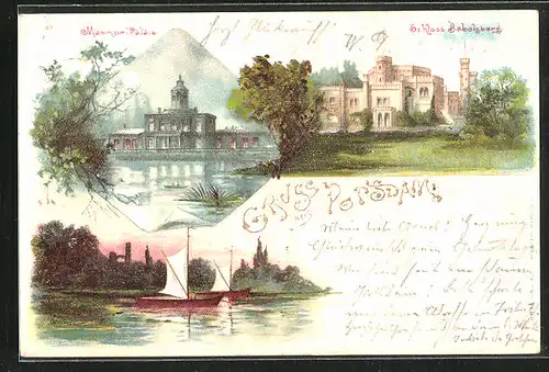 Lithographie Potsdam, Marmor-Palais bei Mondschein, Schloss Babelsberg, Uferpartie mit Booten