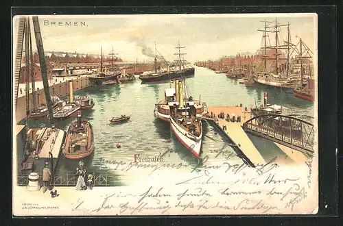 Lithographie Bremen, Dampfer im Freihafen