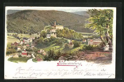 Lithographie Schwarzburg, Ortsansicht aus der Ferne