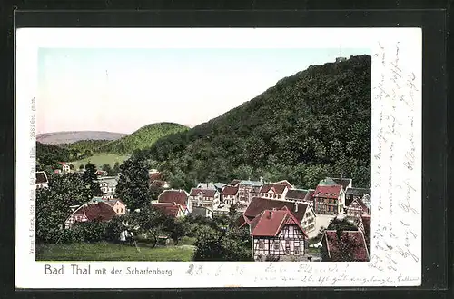 Goldfenster-AK Bad Thal, Blick auf die Ortschaft mit der Scharfenburg