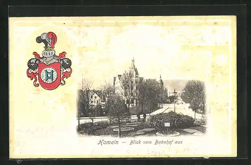Präge-AK Hameln, Blick vom Bahnhof aus, Wappen