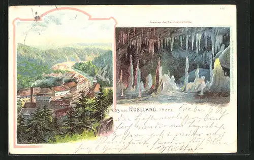 Lithographie Rübeland /Harz, Gesamtansicht, Innenansicht der Hermannshöhle