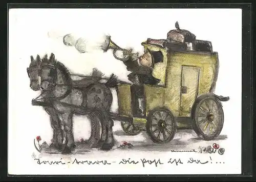 Künstler-AK Hummel: Kleiner Mann auf Postkutsche