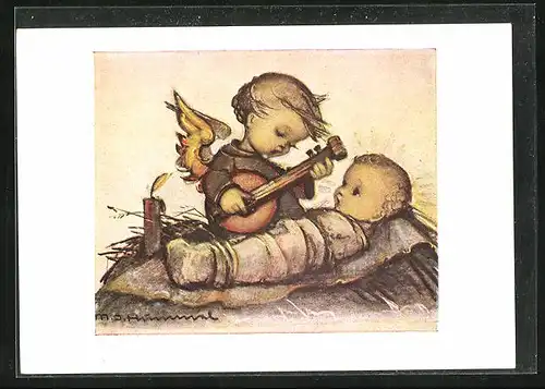 Künstler-AK Hummel: Engel mit Gitarre beim Christuskind