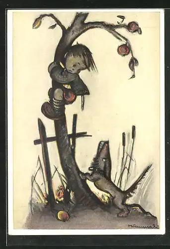 Künstler-AK Hummel: Kind hat Angst vor Dackel