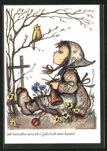 Künstler-AK Hummel: Mädchen beim Stricken und Singen