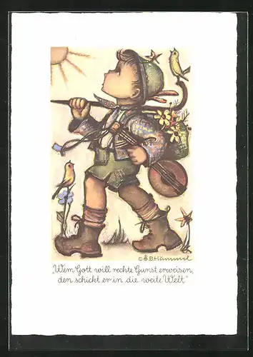 Künstler-AK Hummel: Kleiner Wandersmann mit Gitarre