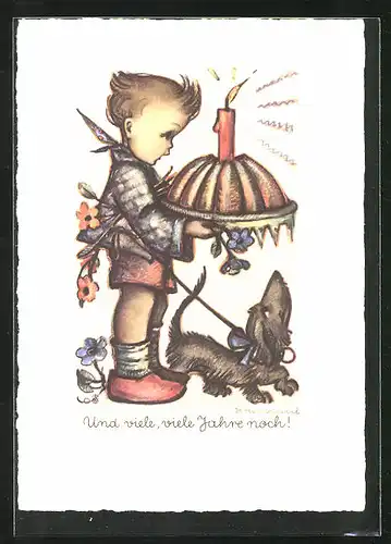 Künstler-AK Hummel: Kind mit Kuchen und Dackel