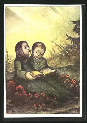Künstler-AK Hummel: Mädchen beim Singen in Natur