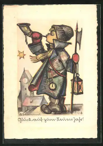 Künstler-AK Hummel: Kind mit Horn und Hellebarde