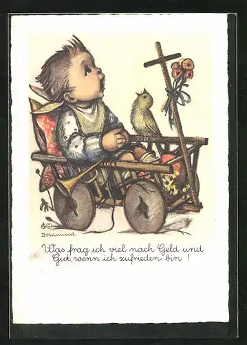 Künstler-AK Hummel: Kleinkind im Holzwagen mit Vogel