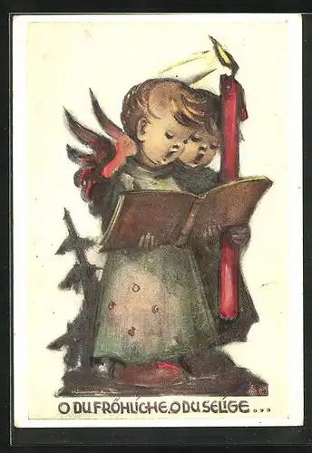 Künstler-AK Hummel: Engel mit Kerze beim Singen