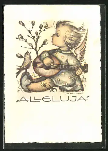 Künstler-AK Hummel: Engel mit Gitarre im Frühling