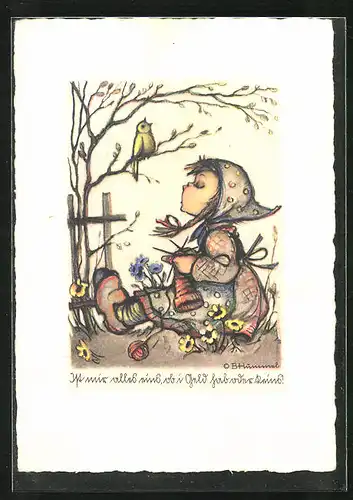 Künstler-AK Hummel: Kind beim Stricken