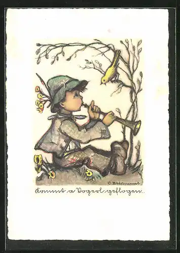 Künstler-AK Hummel: Kleiner Landstreicher mit Vogel