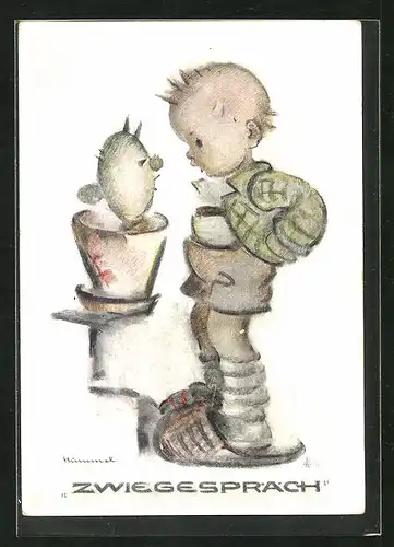 Künstler-AK Hummel: Knabe unterhält sich mit Kaktus