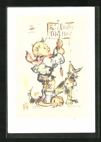 Künstler-AK Hummel: Knabe beim Klingeln