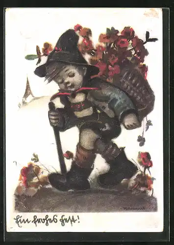 Künstler-AK Hummel: Kind mit Kiepe voller Blumen