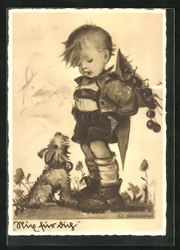 Künstler-AK Hummel: Knabe mit Tüte voller Kirschen